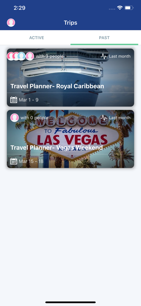My Travel Planner App - My Travel Planner App past trips list showing a Royal Caribbean cruise and a Las Vegas vacation itinerary.