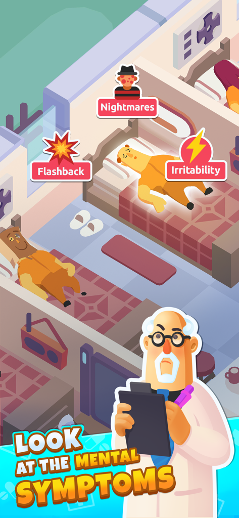 A doctor character observing patient mental symptoms like nightmares and irritability in a hospital ward.