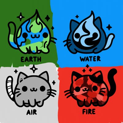 4 cats that represent the different elements, earth, water, air, and fire