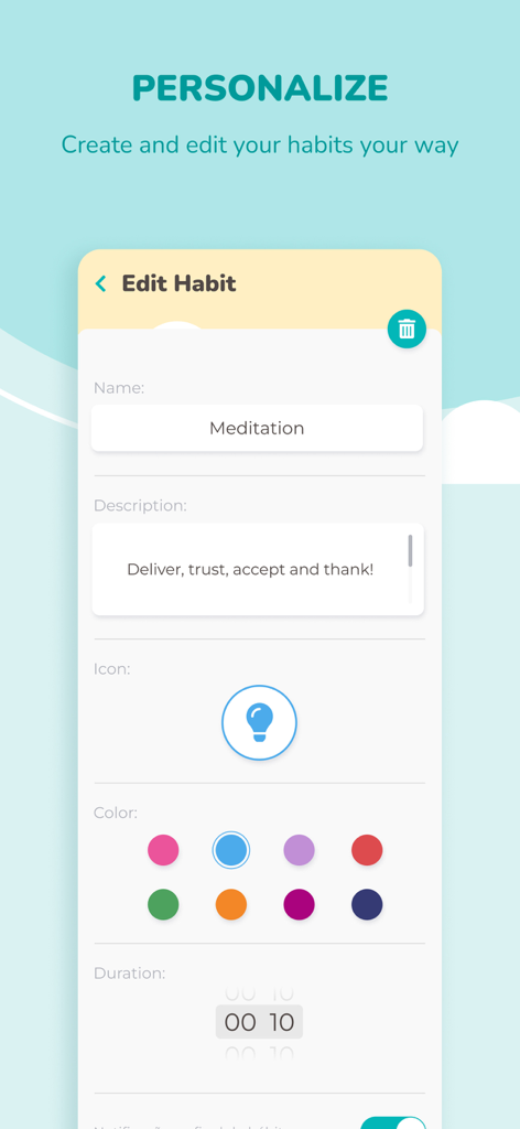 Morning Habits - Daily Routine - Interface do aplicativo Hábitos Matinais mostrando opções de personalização de hábitos para meditação, incluindo ícones e cores personalizados
