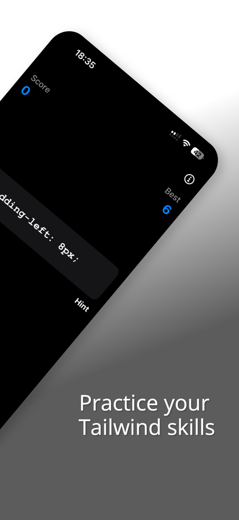 flex-1: Learn Tailwind - Interface móvel do aplicativo flex-1 mostrando um desafio de conversão de CSS para Tailwind.