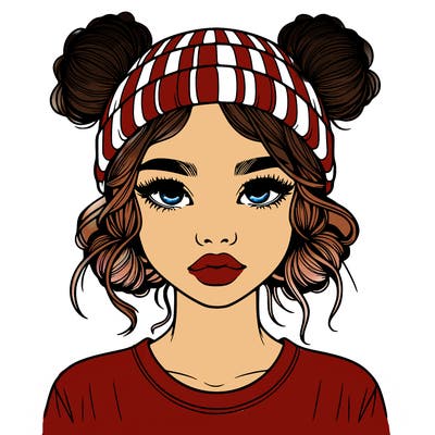 realistic girl with buns in her hair with a beanie on
