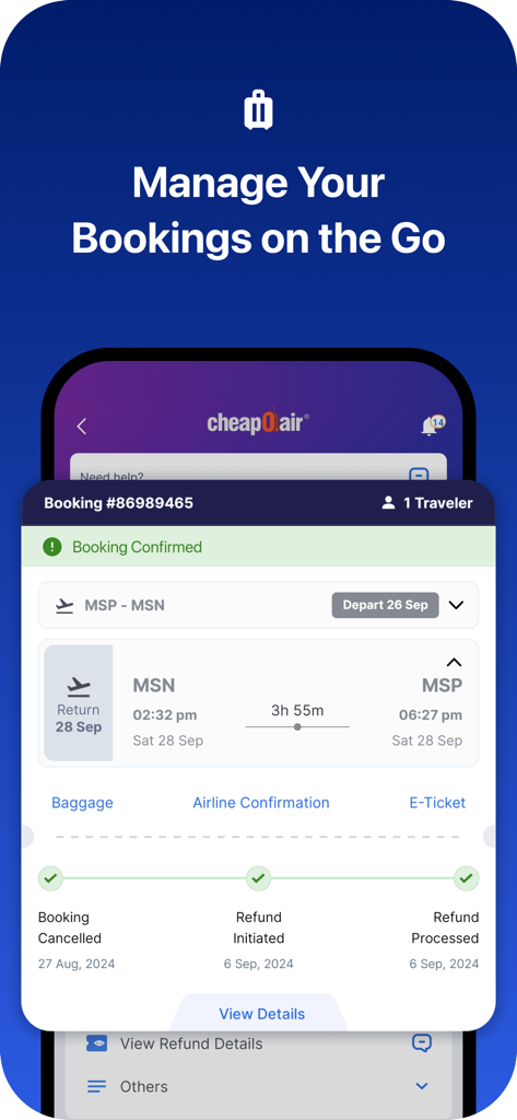CheapOair app interface for managing travel bookings and tracking refund status