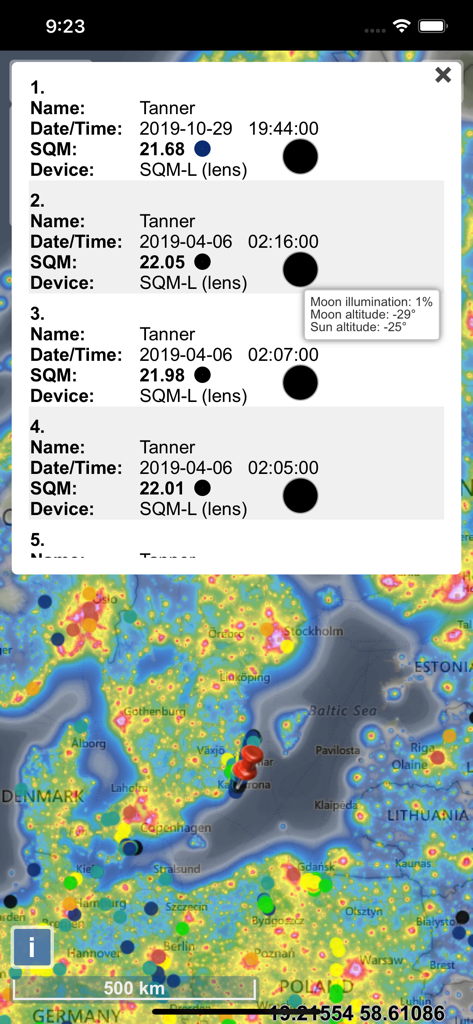 Light Pollution Map interface displaying SQM sky quality readings and a light intensity heat map overlay