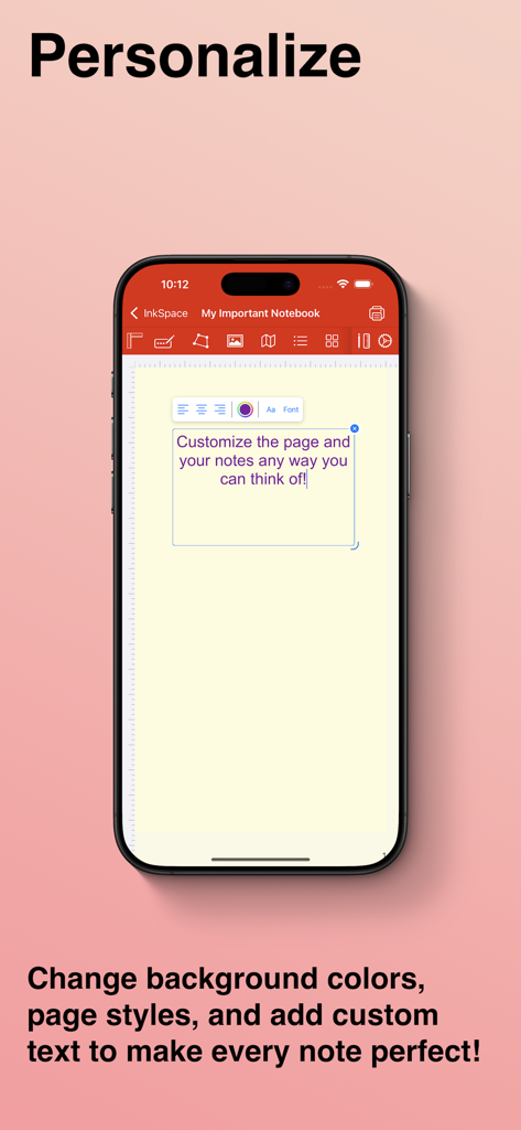 InkSpace-Mobil-App-Oberfläche auf dem iPhone, die benutzerdefinierte Notizhintergründe und Textbearbeitungsfunktionen zeigt