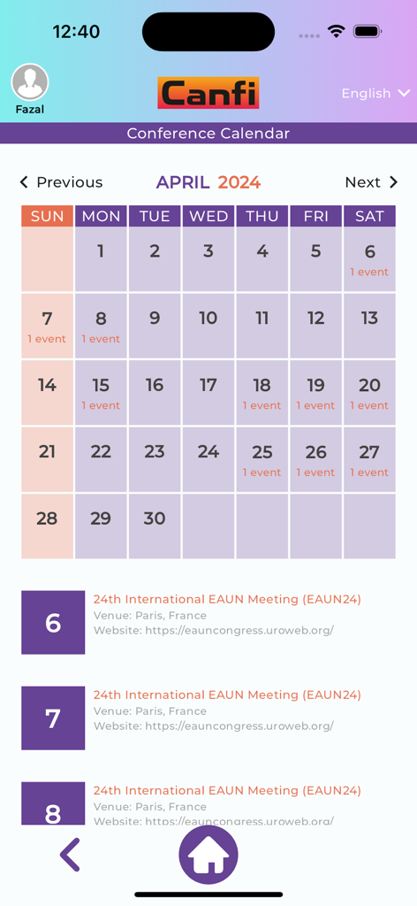 MSN Canfi - MSN Canfi app conference calendar screen showing oncology event dates and details for April 2024.
