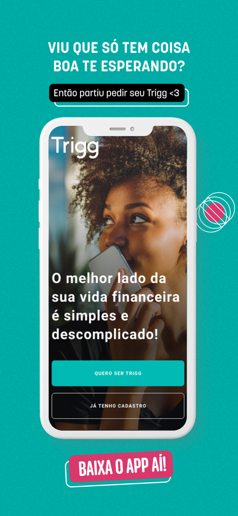 Trigg: Cartão de Crédito - Welcome screen of the Trigg credit card app on a smartphone showing simplified financial services