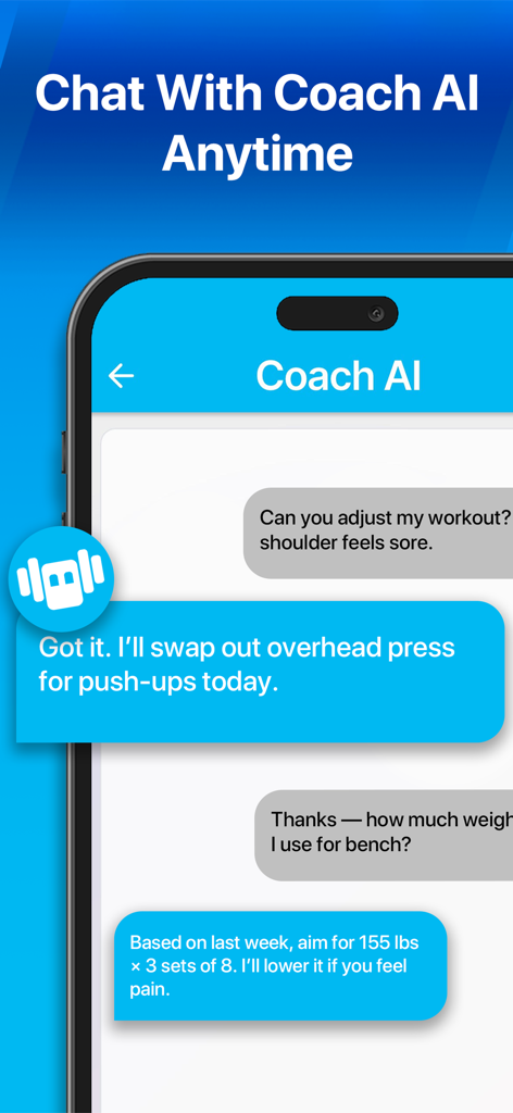 Eine Chat-Oberfläche, die zeigt, wie Coach AI Echtzeit-Trainingsanpassungen und personalisierte Gewichtsempfehlungen liefert.