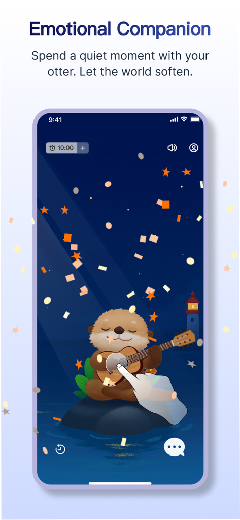 轻舟 Moor - AI Emotional support - 기타를 치는 수달이 감정 지원을 위한 무어 AI 앱에 표시되어 있습니다.