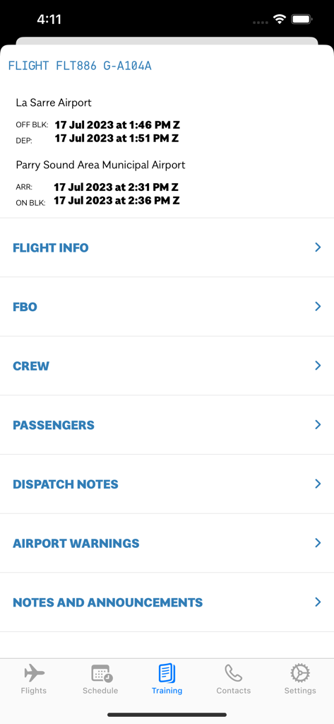 A mobile app screen displaying flight details including departure times and operational menus for private aviation crew.