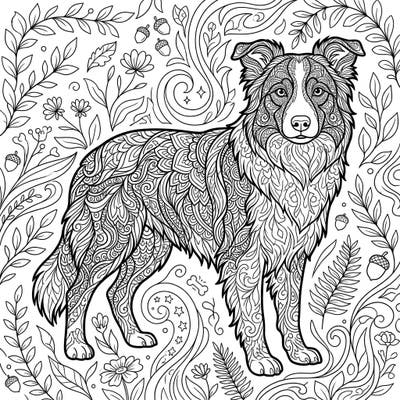 Discover tranquility with this stunning adult coloring page featuring a Border Collie. Its intricate design and nature-inspired backdrop offer a perfect escape for mindful coloring.