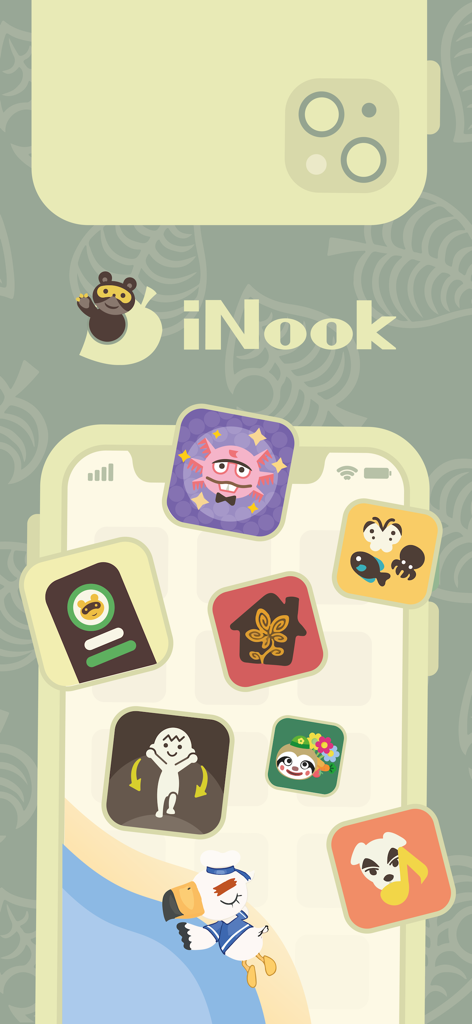 iNook - iNook app splash screen showing Animal Crossing themed tracking icons and characters