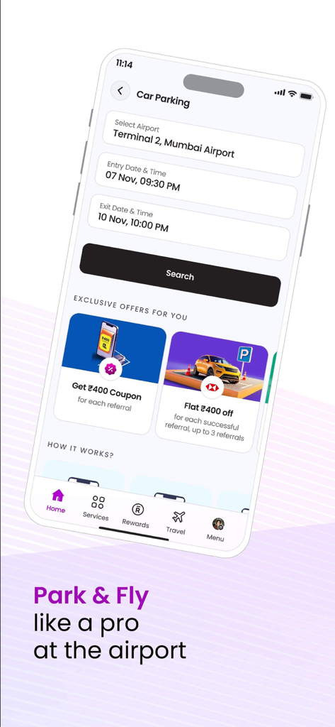 Adani OneApp: For Smart Travel - 日付と時刻選択付きの空港駐車場予約用Adani OneAppモバイル画面