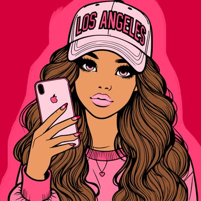 realistic beautiful girl wearing los ángeles cap holding an iphone