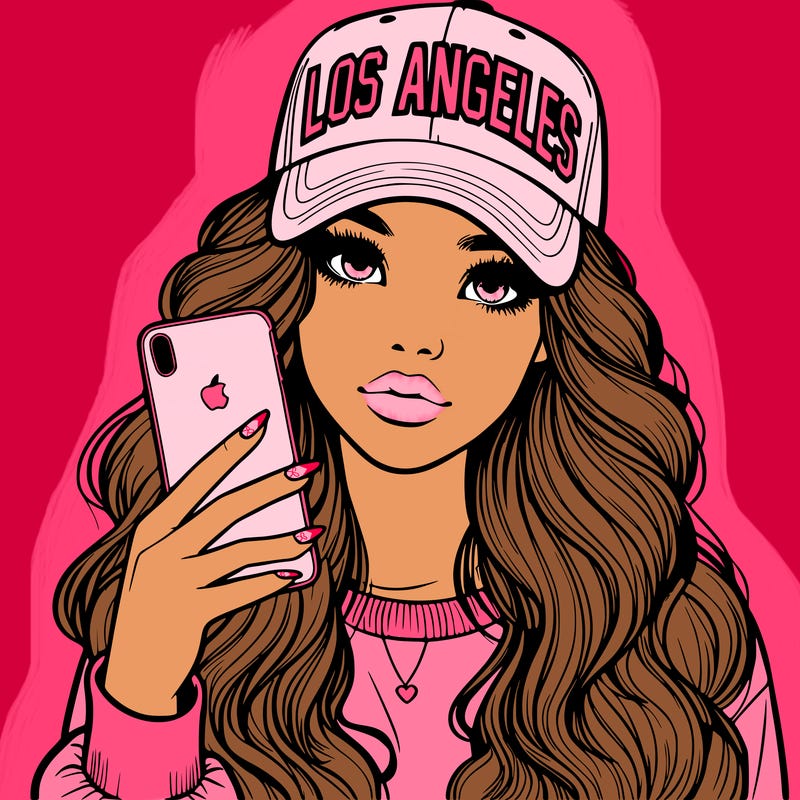 realistic beautiful girl wearing los ángeles cap holding an iphone