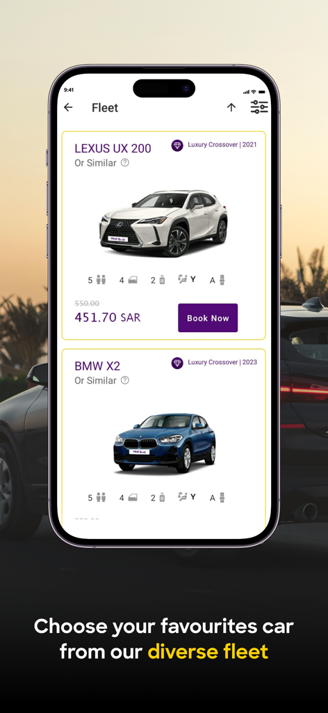 Mobile app screen for Yelo car rental showing luxury crossover vehicles including Lexus and BMW with booking options