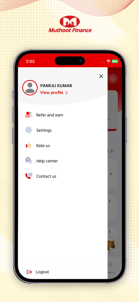 iMuthoot mobile app user profile and settings menu
