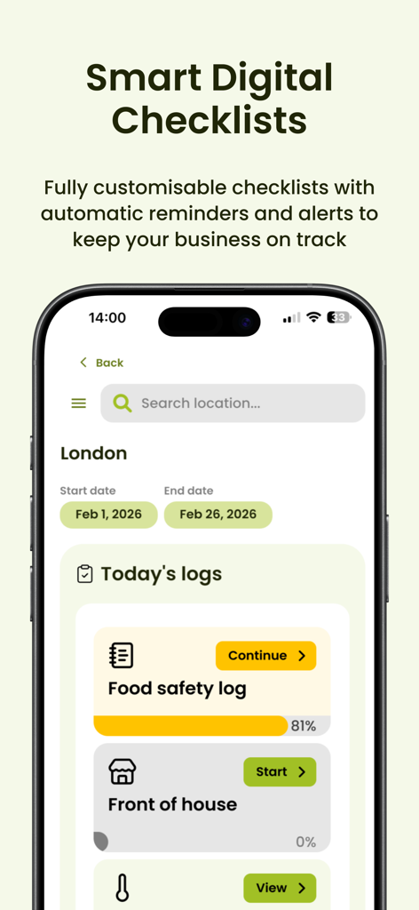 Food Safety Guru - Food Safety Guru app screen showing smart digital checklists and daily logs for restaurant compliance.