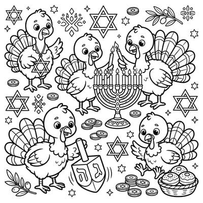 Celebrate the Festival of Lights with this heartwarming coloring page featuring cute baby turkeys. Adorable poults are ready for Hanukkah festivities, complete with menorahs, dreidels, and gelt.