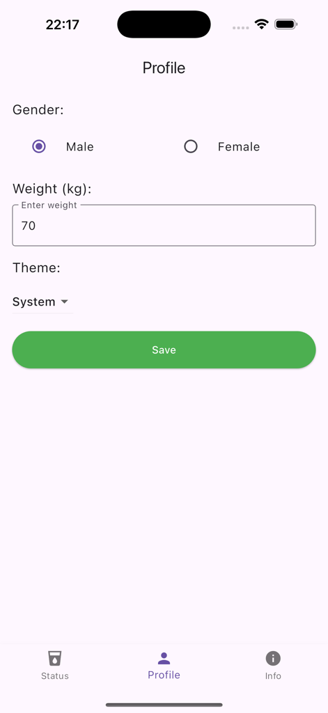Tela de configuração de perfil de usuário no aplicativo Temporizador de Álcool com campos para peso e gênero.