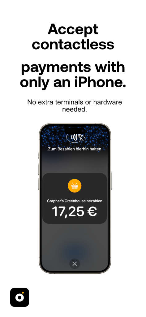 GP tom - iPhone zeigt die GP tom App-Oberfläche zur Annahme kontaktloser Zahlungen an.