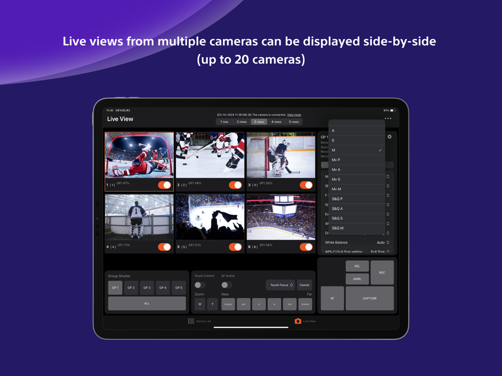Sony | Remote Camera Tool - Sony Remote Camera Tool iPad interface displaying live view from multiple cameras at a hockey game