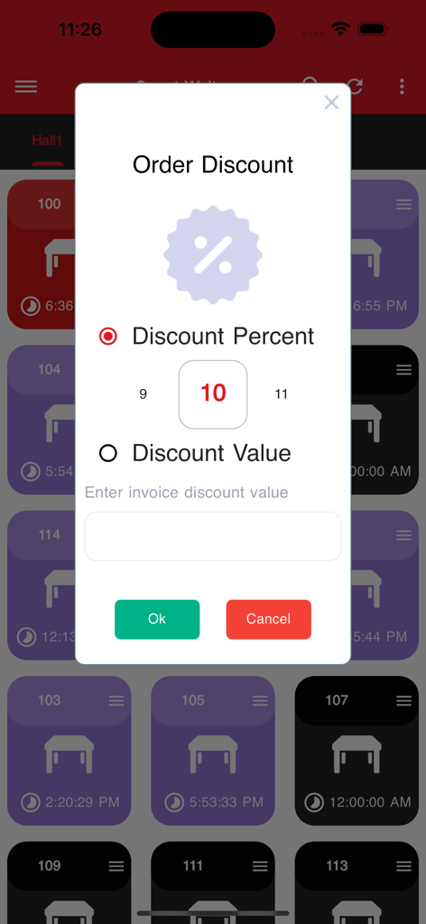 Phenix Smart Waiter app displaying an order discount popup with options for percentage and value over a restaurant table layout