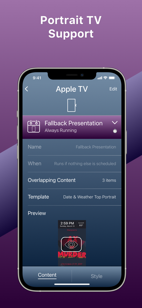 DigiBoard Remote - DigiBoard Remote app interface showing configuration settings for portrait digital signage on Apple TV