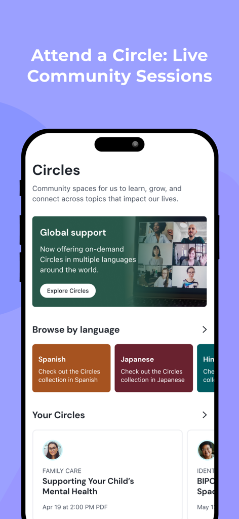 Modern Health - Modern Health app screen for live community sessions and global support circles
