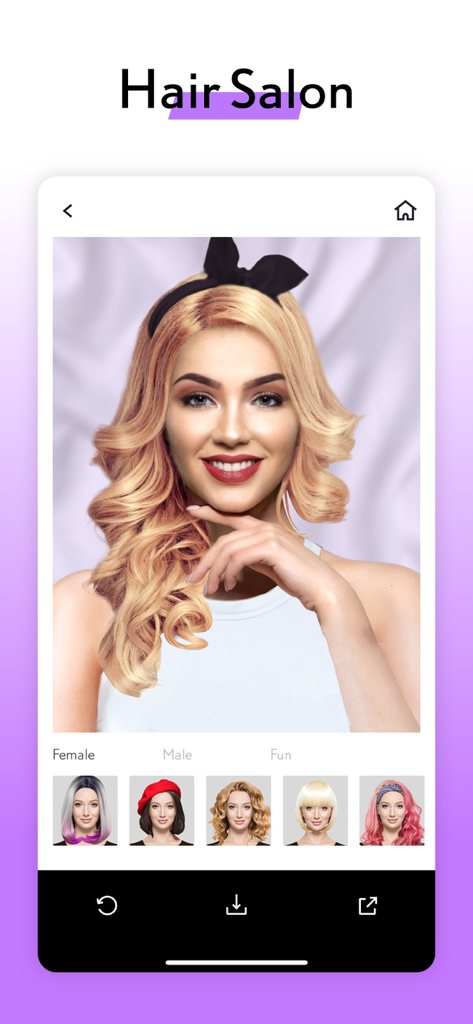 Smartphone-Bildschirm, der die LOOX App Hair Salon-Funktion mit virtuellen Frisuren-Try-on-Optionen für eine weibliche Nutzerin zeigt.