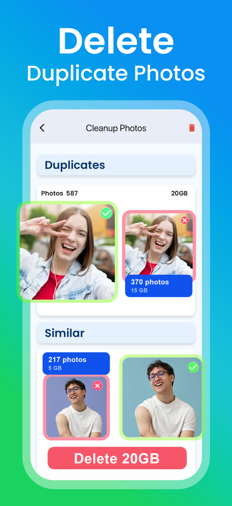 CleanUp Buddy: Phone Cleaner - Interface of the CleanUp Buddy app showing a feature to delete duplicate and similar photos to free up storage space.