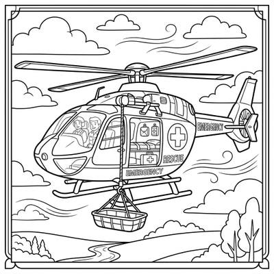 Get ready for a thrilling coloring mission with our rescue helicopter page, specially designed for kids! This exciting illustration features a brave emergency chopper, complete with pilots and essential gear, inviting young artists to bring their heroic visions to life.