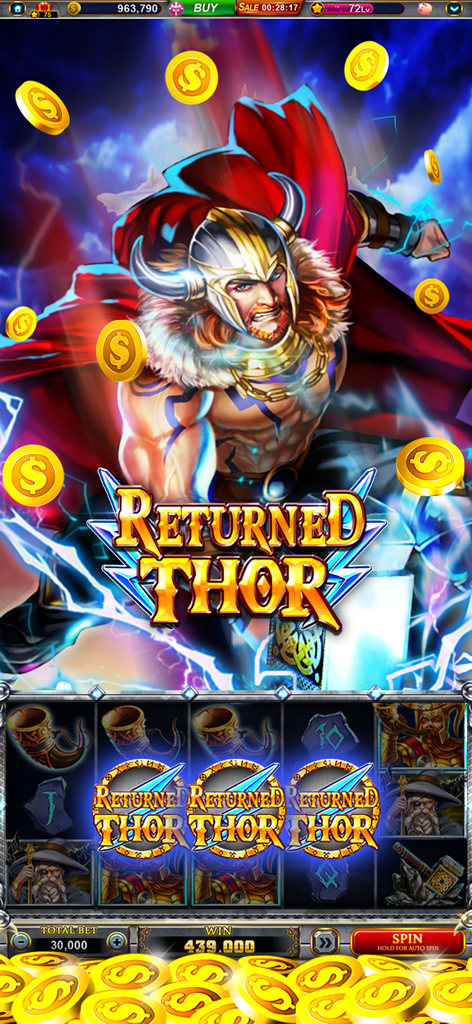 Galaxy Casino - Slots game - Una pantalla de máquina tragamonedas temática vikinga titulada Returned Thor que muestra una gran victoria con monedas de oro cayendo.