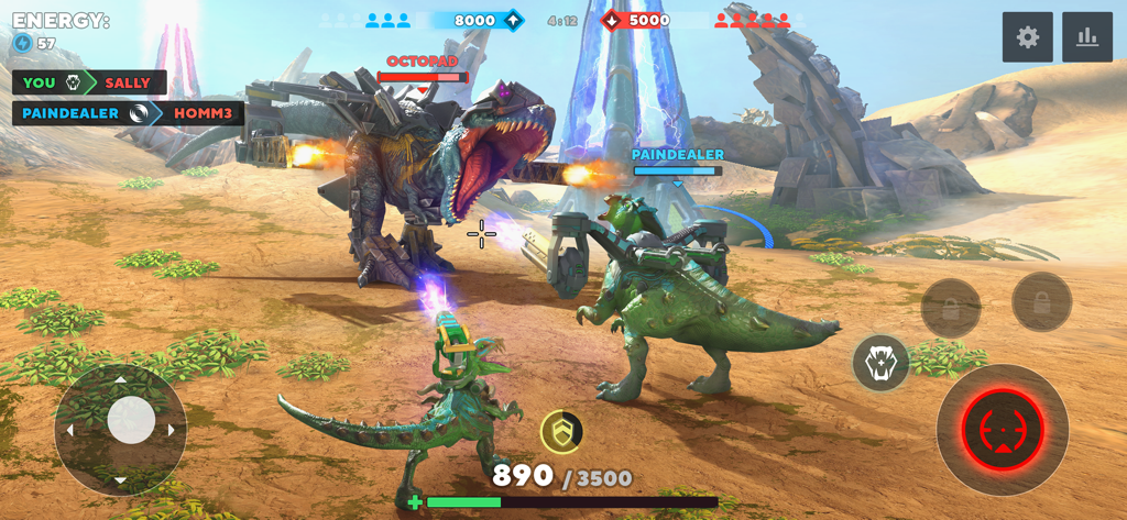 Dino Squad: Online Action - Batalla PvP en línea con dinosaurios blindados con armas montadas en una arena desértica futurista
