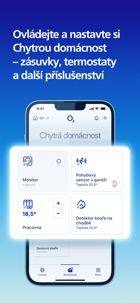 O2 Smart Box - O2 Smart Box app dashboard showing controls for smart home devices including thermostats, motion sensors, and smoke detectors