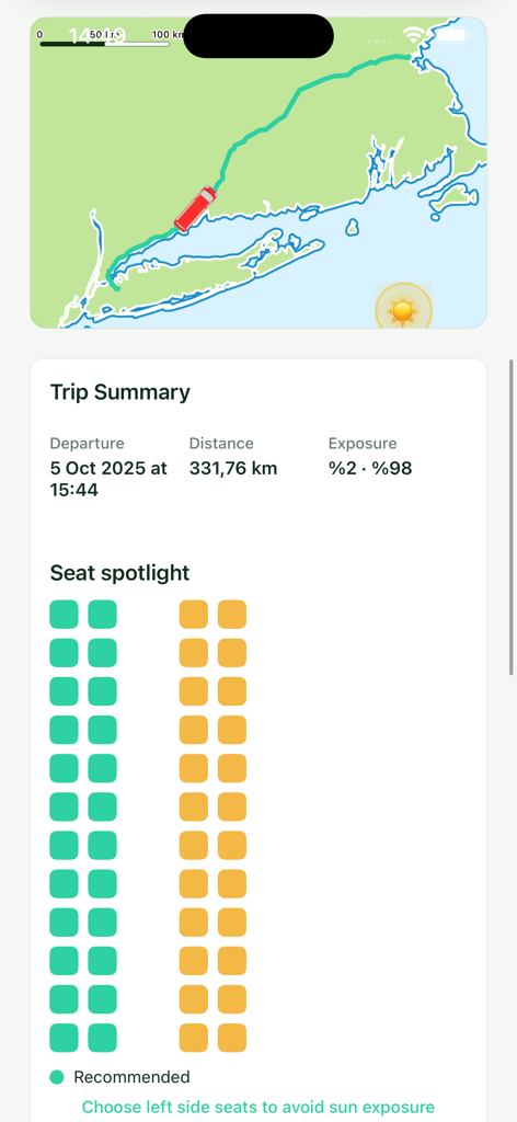 Interfaz de la aplicación Shady Way que muestra un mapa de ruta de autobús y una cuadrícula de recomendación de asientos que resalta los asientos con sombra.