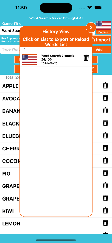 Una captura de pantalla de la vista de historial en Word Search Maker Omniglot que muestra un ejemplo de sopa de letras guardada y una lista de palabras personalizada