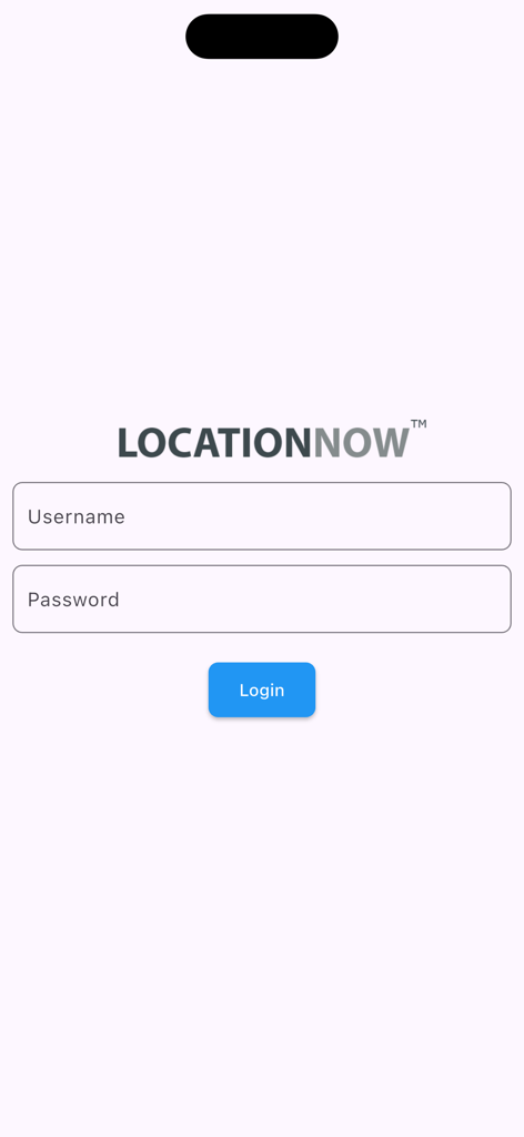 LocationNow - Pantalla de inicio de sesión de la aplicación LocationNow que muestra campos de nombre de usuario y contraseña