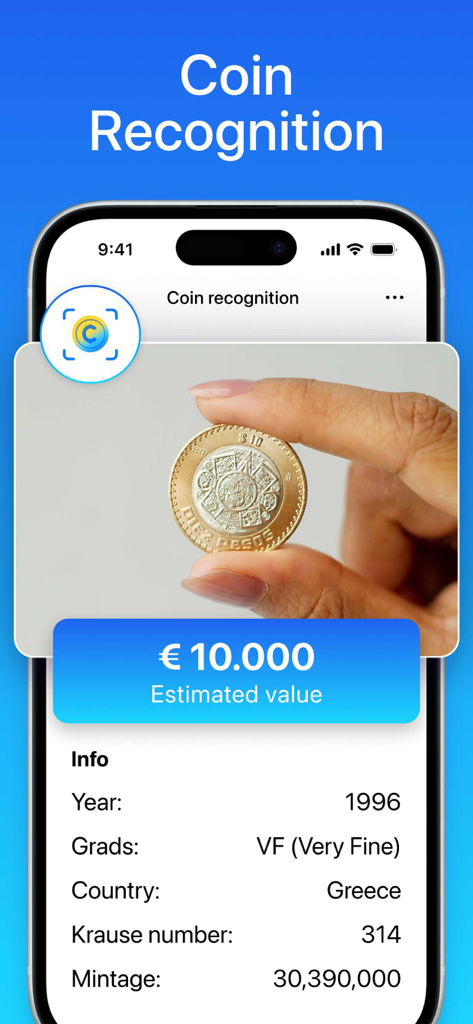 Mary AI Video Image Generator - Mary AI app interface displaying the coin recognition feature with estimated value and historical details of a scanned coin