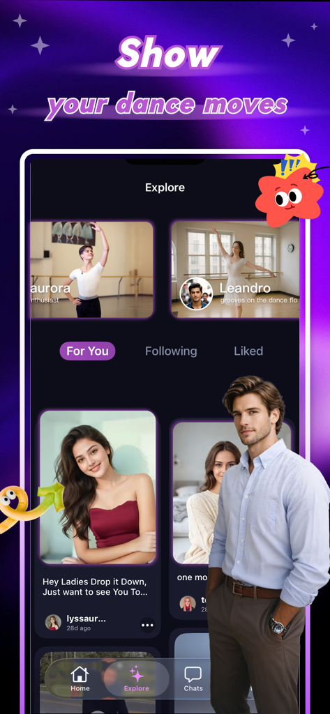 Faye - Chat&Social - Der Explore-Bildschirm der Faye-App mit Tanzprofilen und Performance-Videos in einer Social-Networking-Oberfläche.