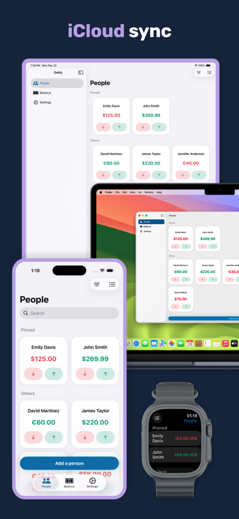 Debty app interface showing debt tracking synchronized on iPhone iPad Mac and Apple Watch