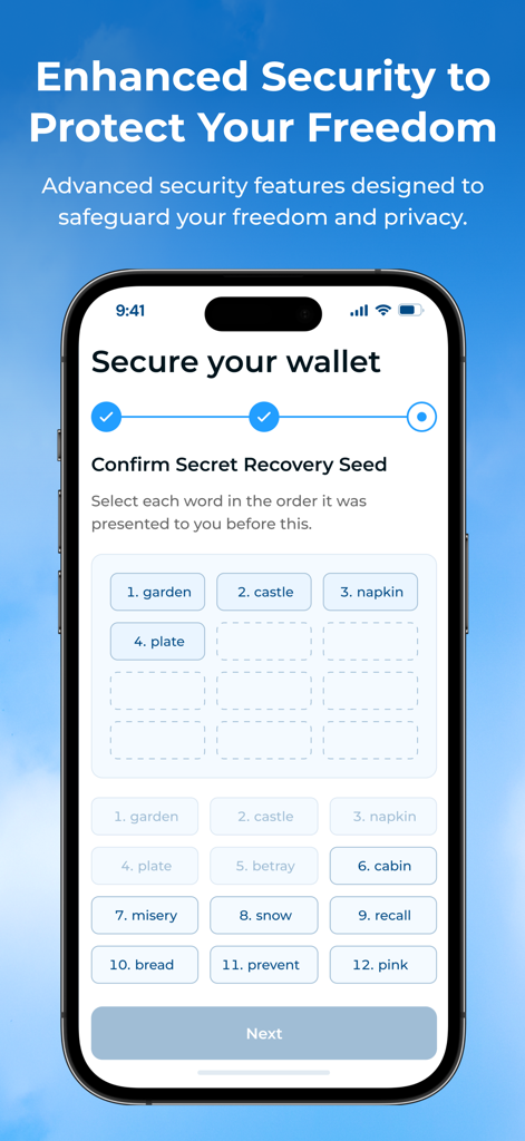 Bildschirm zur Sicherung Ihres Wallets in der Cadmos-App, der die Bestätigung der Wiederherstellungs-Seed-Phrase zeigt