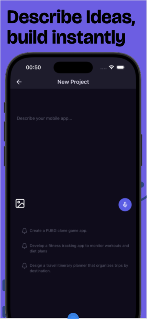 Bfloat Go App-Oberfläche zur Beschreibung einer mobilen App-Idee, um sie sofort mit KI zu erstellen