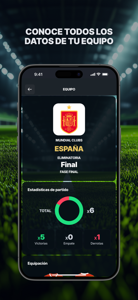 MyGol - Soccer Leagues - Smartphone display of soccer team statistics showing wins and losses in the MyGol app.