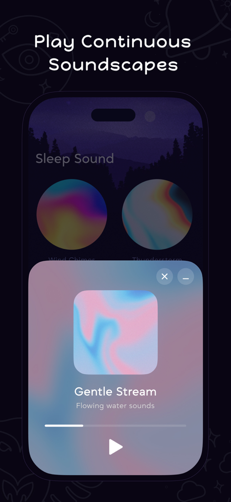 DreamOwl: Dream Journal - DreamOwl app screen showing continuous sleep soundscapes and a gentle stream audio player