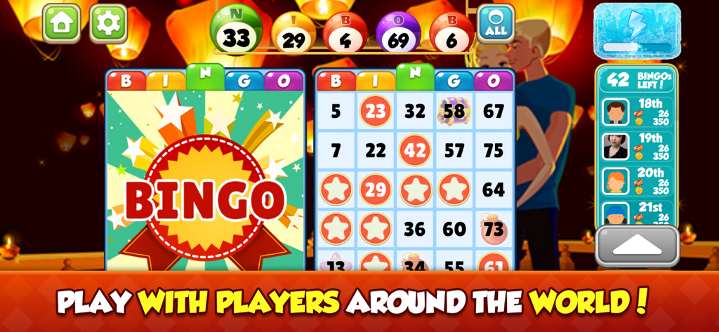 Bingo Bay - Play Bingo Games - Pantalla del juego Bingo Bay que muestra múltiples tarjetas de bingo y una tabla de clasificación de jugadores globales