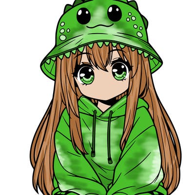 girl with anime shaped eyes with a dinosaur bucket hat oversized sweatshirt long straight hair