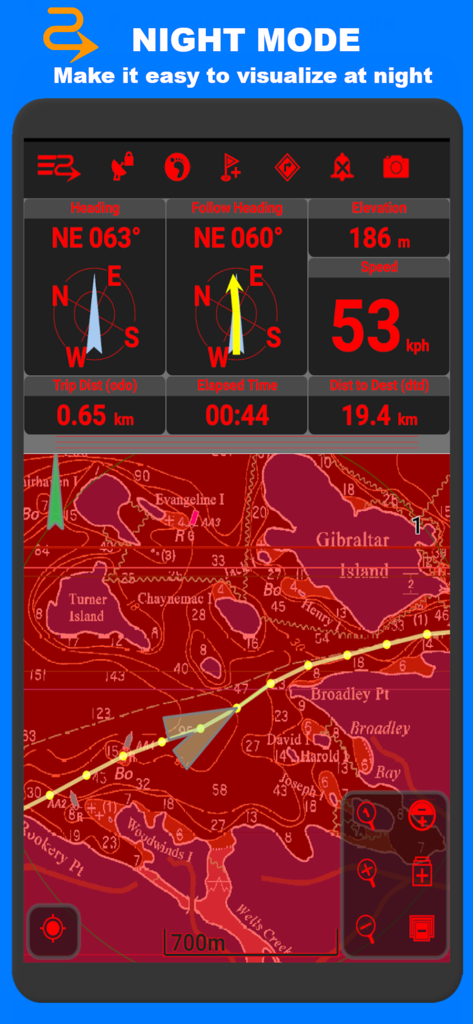 PathAway Outdoor Navigation - PathAway navigation app interface in red night mode showing marine maps and GPS tracking data