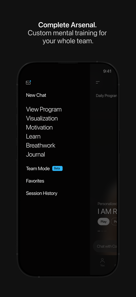 The Mastery App - The Mastery App interface showing a side menu with mental training features like Visualization and Motivation