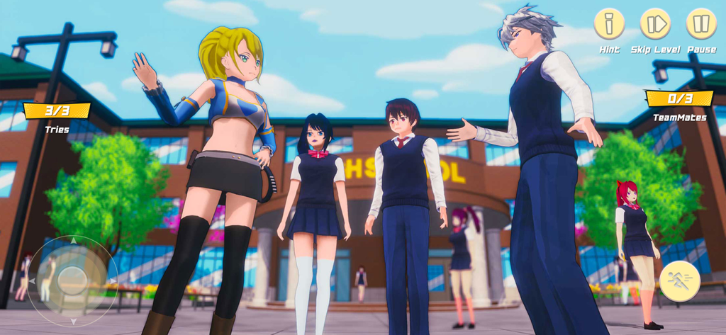 Personajes de estilo anime interactuando frente a un edificio escolar en Sakura High School Girl Life